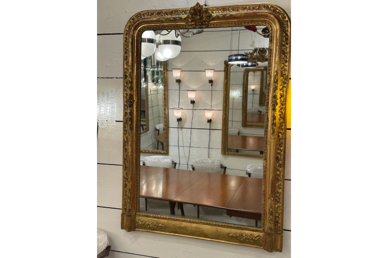 Miroir de cheminée français en bois et stuc doré du XIXe H. 144 cm