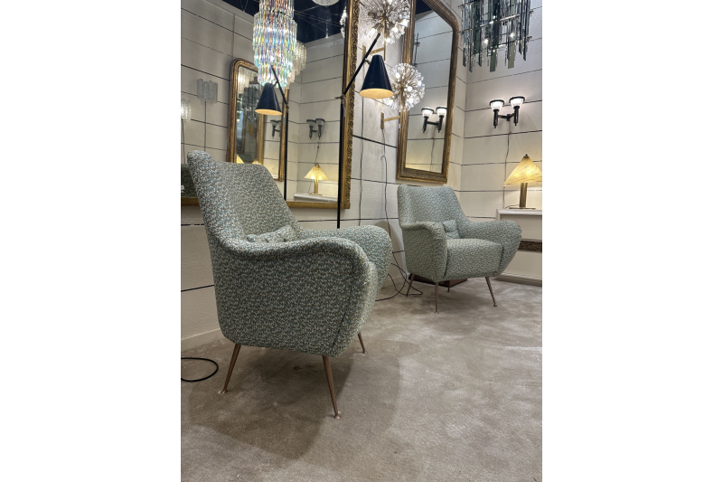 Pair of small armchairs, fully restored with Maison Rubelli fabric and high-end finishes.